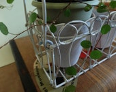 Shabby White Metal Basket with Two Clay Herb Pots . Planter . Desktop Organizer . Makeup Holder . Vintage Decor . Farmhouse / Cottage Decor