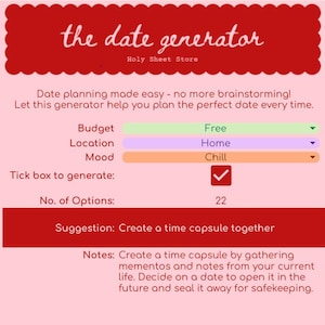 Puede incluir: Una ilustración roja y blanca de una mesa con una botella de vino, una copa y un menú. El texto "Crea una cápsula del tiempo juntos" se muestra en un cuadro rojo. El texto "¡Consejo! Para generar una nueva idea, simplemente desmarca la casilla y luego vuelve a marcarla" se muestra en un cuadro blanco.