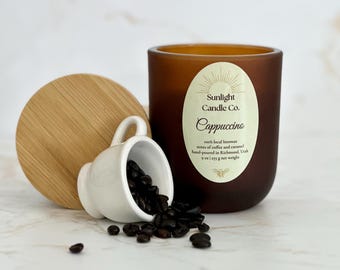 Cappuccino Beeswax Candle: Hand-Poured, 9 oz, Amber Glass Jar, Bamboo Lid, Organic