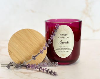 Lavender Beeswax Candle: Hand-Poured, 9 oz, Merlot Glass Jar, Bamboo Lid, Organic