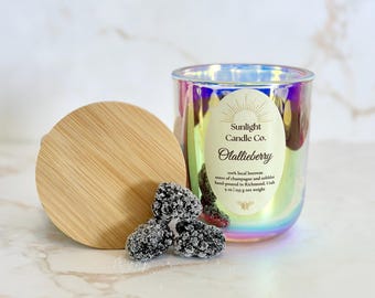 Olallieberry Beeswax Candle: Hand-Poured, 9 oz, Prismatic Glass Jar, Bamboo Lid, Organic