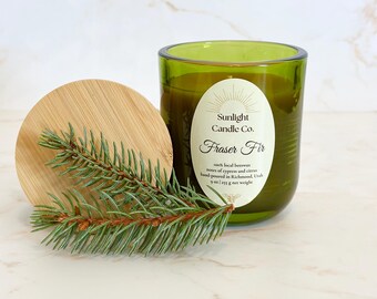 Fraser Fir Beeswax Candle: Hand-Poured, 9 oz, Emerald Glass Jar, Bamboo Lid, Organic