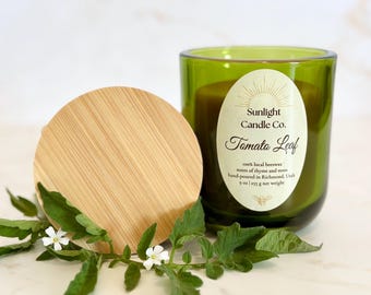 Tomato Leaf Beeswax Candle: Hand-Poured, 9 oz, Emerald Glass Jar, Bamboo Lid, Organic