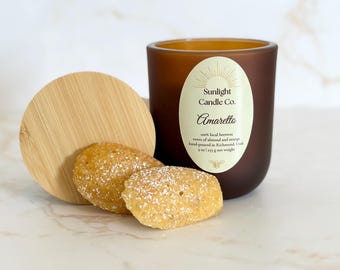 Amaretto Beeswax Candle: Hand-Poured, 9 oz, Amber Glass Jar, Bamboo Lid, Organic