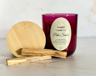 Palo Santo Beeswax Candle: Hand-Poured, 9 oz, Merlot Glass Jar, Bamboo Lid, Organic