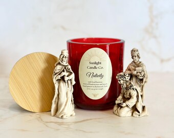 Nativity Beeswax Candle: Hand-Poured, 9 oz, Ruby Glass Jar, Bamboo Lid, Organic