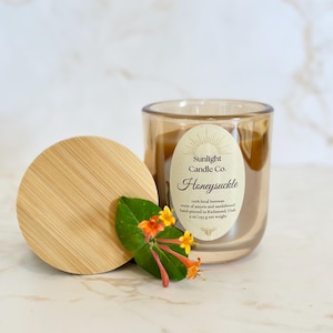 Honeysuckle | Beeswax Candle | 100% Pure Organic Beeswax with Cotton Wick | 9 oz. | Glass Jar | Bamboo Lid | Hand-poured in Small Batches