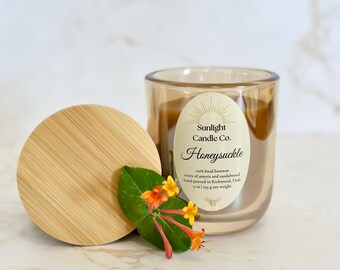 Honeysuckle Beeswax Candle: Hand-Poured, 9 oz, Champagne Glass Jar, Bamboo Lid, Organic