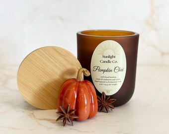 Pumpkin Chai Beeswax Candle: Hand-Poured, 9 oz, Amber Glass Jar, Bamboo Lid, Organic
