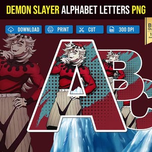 May include: Three letters, A, B, and C, are designed in a comic book style with a red and blue background. Each letter features a character from the anime Demon Slayer in a red and white outfit. The letters are set against a blue and white icy background.