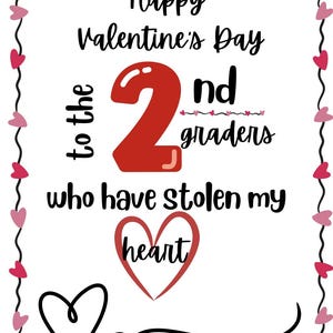 2nd grade Valentine Cards Printable for Students from Teacher, Second Grade Class