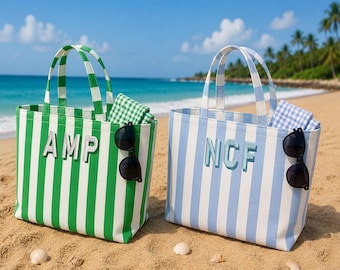 17 Colors - Personalized Embroidered Monogram Canvas Tote Bag, Custom Name Beach Bag, Striped Large Tote, Summer Travel Bag