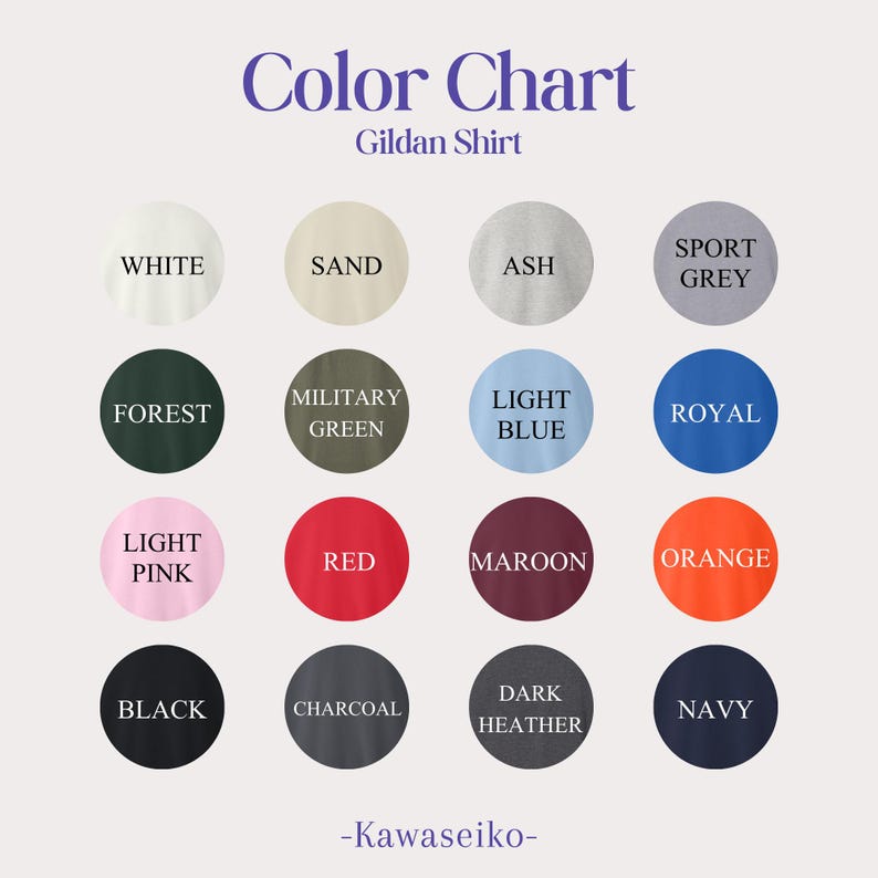 Puede incluir: Carta de colores para camisas Gildan que muestra 16 colores diferentes: blanco, arena, ceniza, gris deportivo, bosque, verde militar, azul claro, azul real, rosa claro, rojo, granate, naranja, negro, carb&oacute;n, gris oscuro jaspeado y azul marino.