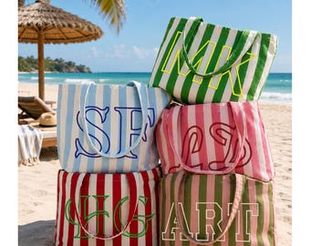 17 Colors - Personalized Embroidered Initials Canvas Tote Bag, Custom Beach Bag, Striped Large Reusable Tote for Bridesmaid, Summer Travel