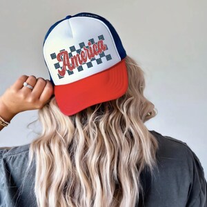 Checkered Retro America Foam Trucker Hat, Patriotic Cap, 4th of July Hat, Independence Day Gift, Memorial Day Hat, Red White and Blue USA image 2