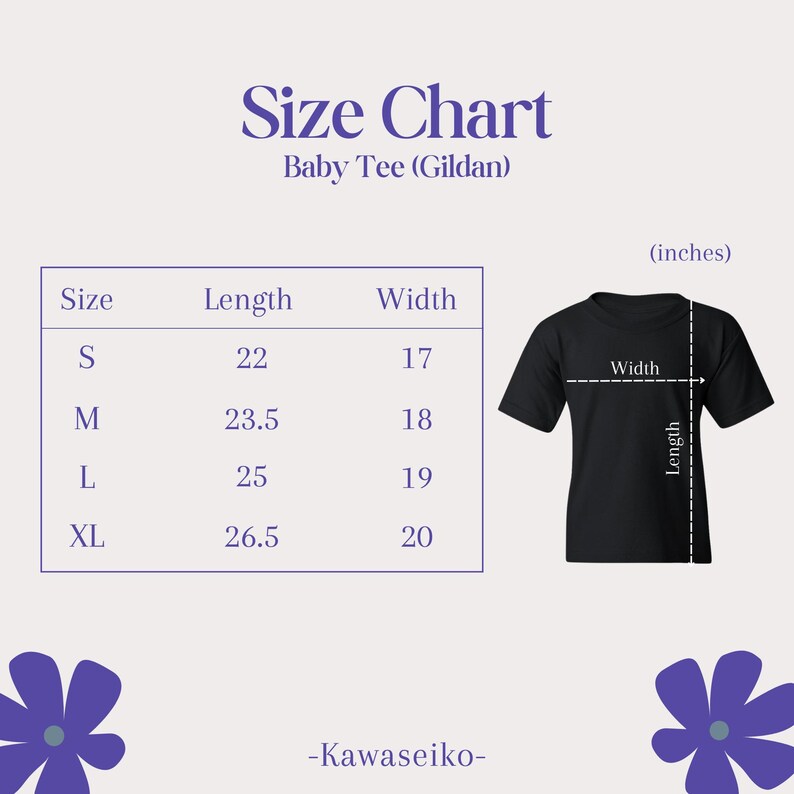 Puede incluir: Tabla de tallas para una camiseta de beb&eacute;, que muestra las medidas en pulgadas para las tallas S, M, L y XL. La tabla incluye las medidas de longitud y ancho.