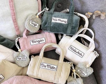 Personalized Name Corduroy Bag for Kids with Charm | Custom Embroidered Kids Pouch | Cute Gift for Baby & Toddler