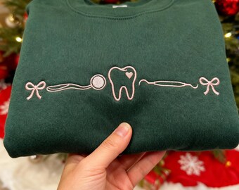 Dentist Icon Coquette Teeth Embroidered Sweatshirt Cute Dental Apparel Tooth Icon Pink Bow Design Dentist Gift Dental Hygienist Shirt