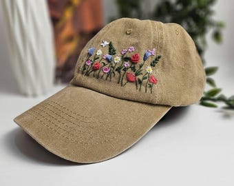 手刺繍の花柄ベースボールキャップ、ユニークな花柄デザイン、刺繍
