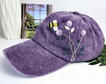 手刺繍の花柄ベースボールキャップ、ユニークな花柄デザイン、刺繍