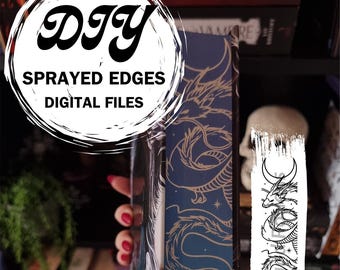 May include: DIY sprayed edges digital files text on a white circle with a blue and gold book with a dragon design on the cover. The book is being held by a hand with red nail polish. A white rectangle with a black and white dragon design is to the right of the book.