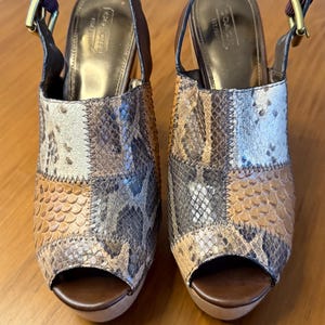 May include: A pair of Coach open-toe platform sandals. The sandals feature a patchwork design with brown, tan, and gray faux snakeskin. They have brown leather straps with gold-tone buckles and a wooden platform sole.