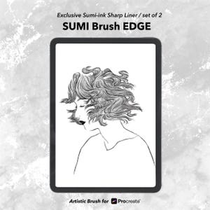 Puede incluir: Ilustración digital en blanco y negro de un rostro femenino con cabello detallado y fluido, mostrada en una tableta digital. El texto en la parte superior dice "Exclusive Sumi-ink Sharp Liner / set of 2 SUMI Brush EDGE". El texto inferior dice "Artistic Brush for Procreate".