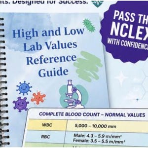 May include: A spiral-bound reference guide titled "High and Low Lab Values." The cover features a watercolor design with a microscope and cartoon microbes. A purple badge reads "Pass the NCLEX with Confidence!" A table displays normal blood count values.