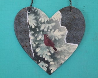 Christmas ornament - cardinal in tree decoupaged on heart cut from galvanized metal