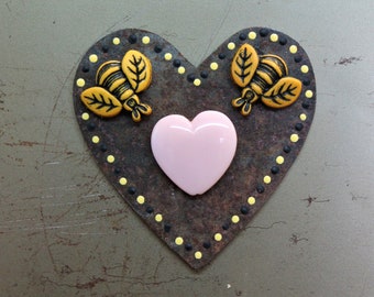 heart magnet cut from rusty galvanized metal - bee acrylic buttons and light pink heart bead