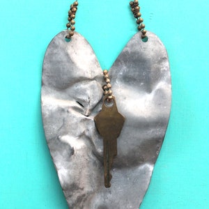hanging heart - &#39;key to my heart&#39; - distressed galvanized metal heart with vintage key