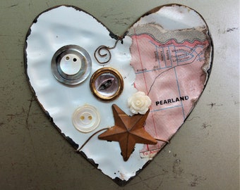 heart magnet cut from vintage ceiling tin with partial map of Pearland TX - kitchen decor - refrigerator magnet