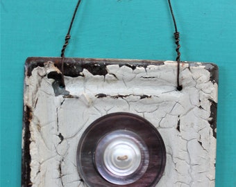 small wall decor - hanging white ceiling tile with vintage buttons - mother of pearl