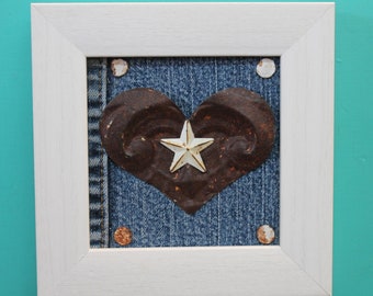 framed rusty heart on jean denim