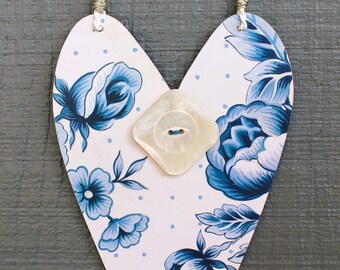hanging heart cut from a metal serving platter - beautiful blue rose floral with vintage button