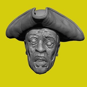 May include: A monochromatic gray 3D digital sculpture of a human head wearing a wide-brimmed tricorn hat. The face features deep wrinkles, hollow eyes, and an open mouth with visible teeth, rendered with a matte texture against a solid yellow background.