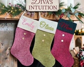 Personalized Linen Slub Christmas Stocking | Custom Embroidered, Handmade Farmhouse Decor