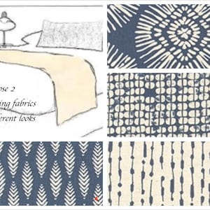 May include: Choose 2 coordinating fabrics for 2 different looks. Four fabric swatches are shown. The top two swatches feature a blue background with a white geometric pattern. The bottom two swatches feature a white background with a blue geometric pattern.