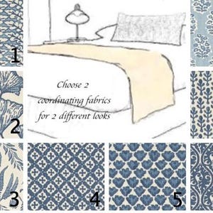 May include: A graphic showing 8 different blue and white patterned fabrics. The text "Choose 2 coordinating fabrics for 2 different looks" is written below the fabrics.