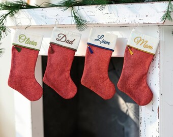 Red Christmas Stocking with Decorative Tassel - Textured Holiday Decor, Rustic Xmas Mantle Stocking, Cozy Boho Christmas Stocking