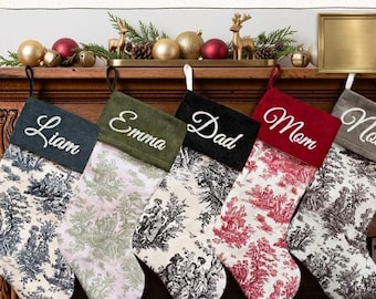 Personalized Toile Christmas Stockings/Custom French Country Holiday Decor/Farmhouse Christmas Stockings/Elegant Embroidered Name Stocking
