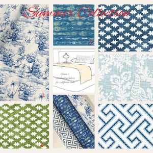 May include: A collection of fabric swatches with various patterns and colors. The fabrics include blue and white toile, geometric designs, and floral prints. The text "Summer Collection" is written in red script at the top.