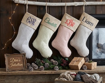 Personalized Ticking Stripe Christmas Stockings, Custom Monogrammed Farmhouse Decor