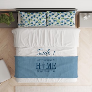 May include: Overhead view of a bed with white bedding and two pillows with a blue and green floral pattern. A blue throw blanket features the word "HOME" with coordinates and the text "Side 1".