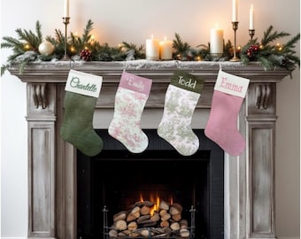 Personalized Toile Chenille Christmas Stockings, Sage Pink French Country Holiday Decor