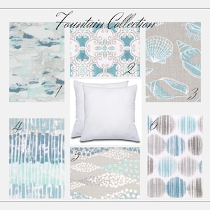 May include: A collage of six different fabric patterns in shades of blue, gray, and white. The patterns include a geometric tile design, a seashell pattern, a watercolor-like pattern, a striped pattern, a dotted pattern, and a pattern with small white dots on a gray background. The text "Fountain Collection" is at the top of the image.