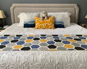 Reversible Bed Runner: Premier Prints Cotton Bed Scarf, Yellow Blue Gray