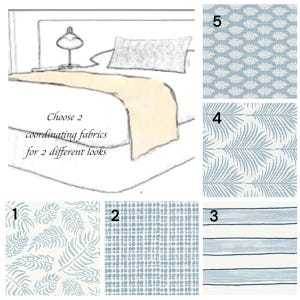 May include: A sketch of a bed with a yellow throw blanket. Choose 2 coordinating fabrics for 2 different looks.  Five fabric swatches are shown: 1) blue and white palm leaf print, 2) blue and white small dot print, 3) blue and white horizontal stripes, 4) blue and white palm leaf print, 5) blue and white floral print.