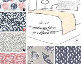 Blue and Coral bed scarf / bed runner / Red bed runner / Hotel bedding /  bedroom decor /  bed cover / Blanket / reversible bed runner