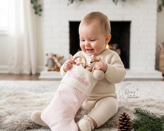 Personalized Baby Christmas Stocking, Gingham Stripe Farmhouse Decor (21" Length)